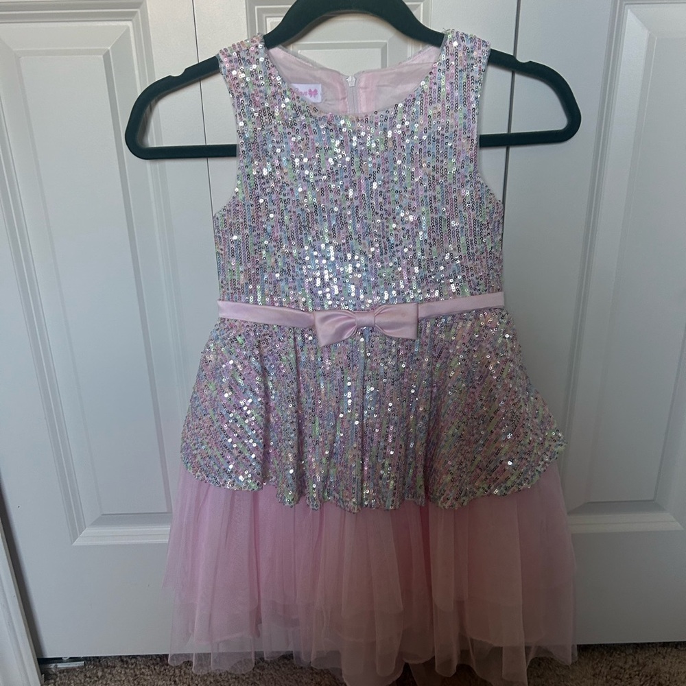 Sparkly Bonnie Jean Pink Sequin Dress with Bow